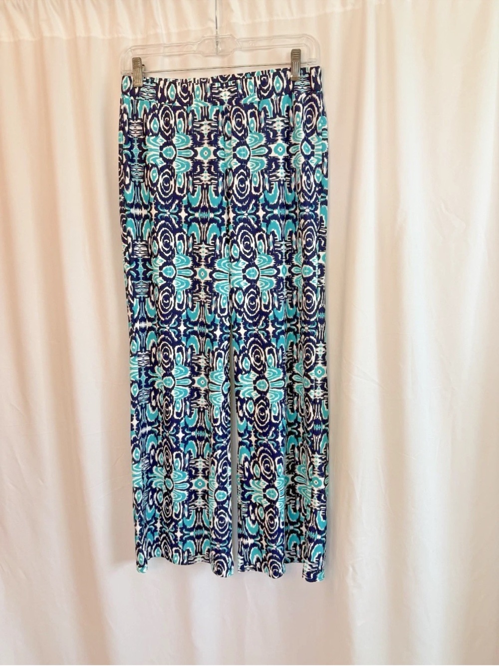 Jude Connally Navy Turquoise White Patterned Knit Pants - size Small
